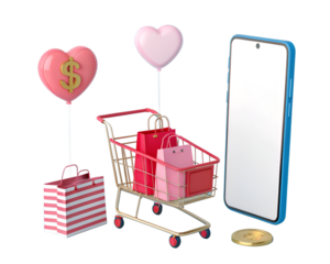 Pink shopping cart with bags heart balloons and smartphone on black shopping bags dollar sign