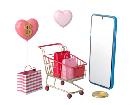 Pink shopping cart with bags heart balloons and smartphone on black shopping bags dollar sign