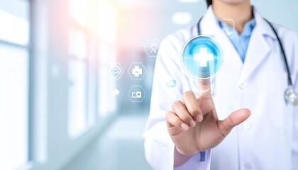 Doctor touching futuristic digital medical technology interface.