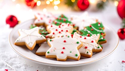 Plate of holiday cookies with festive icing, snow-like setting, and bokeh lights