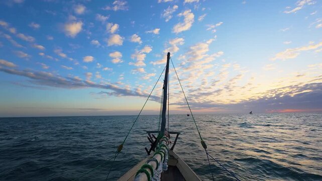 View from a Traditional dhow sailing at sunrise on the Indian Ocean off the coast of Zanzibar.