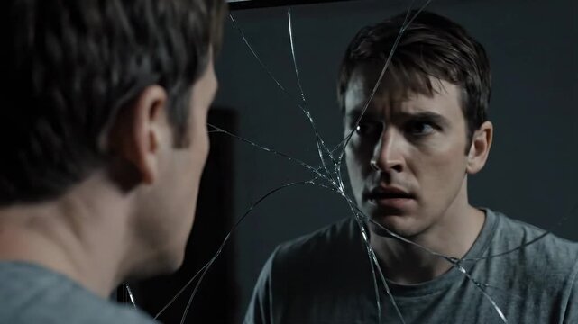 Man with worried expression looking at broken mirror reflection