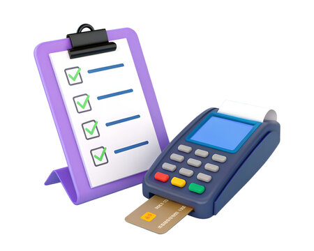 Purple clipboard with checklist and credit card payment terminal pos machine