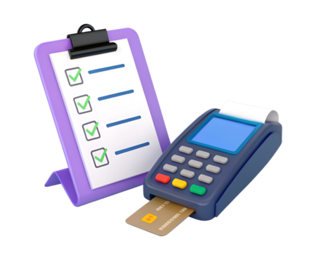 Purple clipboard with checklist and credit card payment terminal pos machine