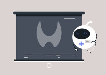 In a sleek medical room, a robotic assistant conducts an advanced Xray scan, projecting detailed images on a screen for health assessment and diagnosis purposes