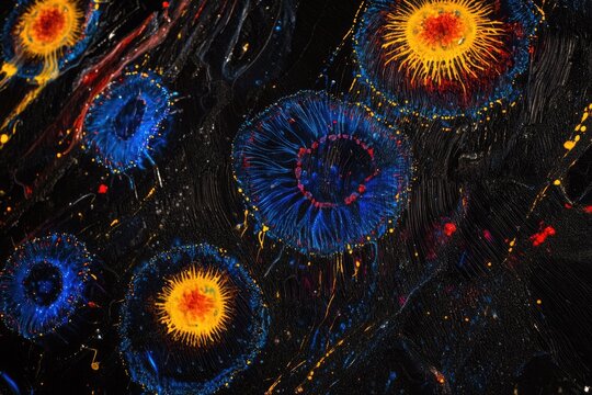 Abstract art featuring vibrant blue and yellow circular patterns on a dark background, resembling cosmic nebulae or underwater life.