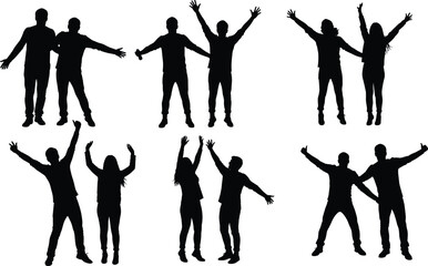 Silhouette vector illustration of happy people celebrating together in pairs with raised arms, friendship, unity, teamwork, joy, and success