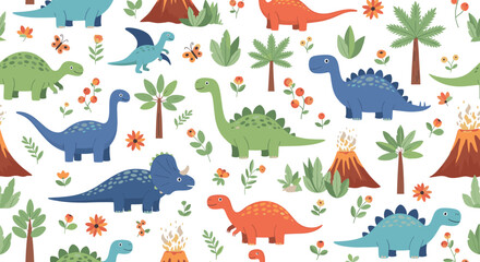 A charming pattern featuring a variety of friendly dinosaurs and prehistoric plants.