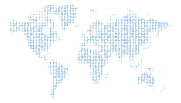 A Blue world map background made of Binary Code