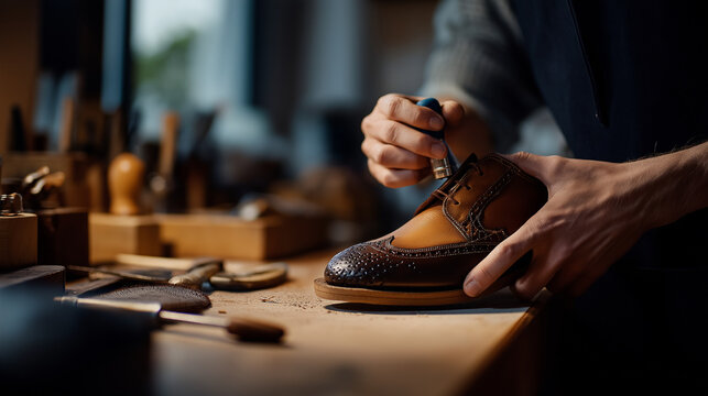 A shoemaker glues a sole onto male footwear hyper realistic leather textures with clear details moody shadows on the workbench bright saturation in repair tools shoe repair