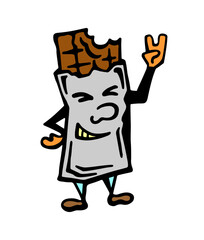 Vector color illustration with the image of a character of a chocolate bar unpacked and bitten off with hands and a two-finger gesture, on a white isolated background