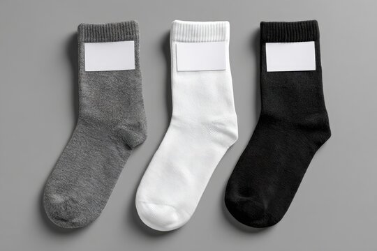 Three pairs of blank-label socks, gray, white, and black, laid out on a neutral background