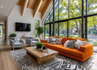 a bright and airy living room with an orange sofa, a wooden coffee table, grey armchairs, a tv mounted on the wall, sliding doors leading to a garden in the background