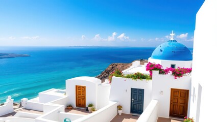 Picturesque view of santorini with white buildings and blue domes on a sunny day © Abdul Rehman