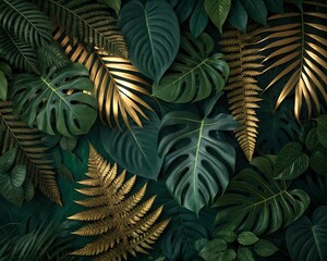 Lush tropical foliage with golden accents