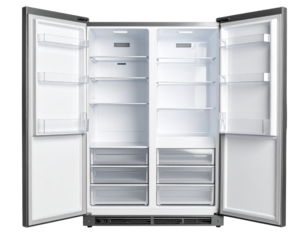 Double Door Refrigerator with Top Freezer, Open Doors Showing Empty Shelves, isolated on transparent background.