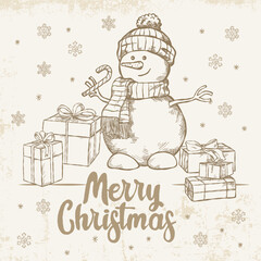 Hand-drawn Christmas illustration with a snowman surrounded by gifts and snowflakes.