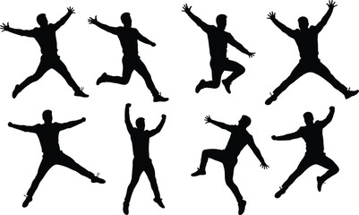 Silhouette vector illustration of people jumping in celebration, energetic poses, joyful movement, freedom expression, happiness concept, active lifestyle design artwork