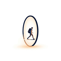 A person with a backpack walking inside an oval frame, representing travel and adventure.