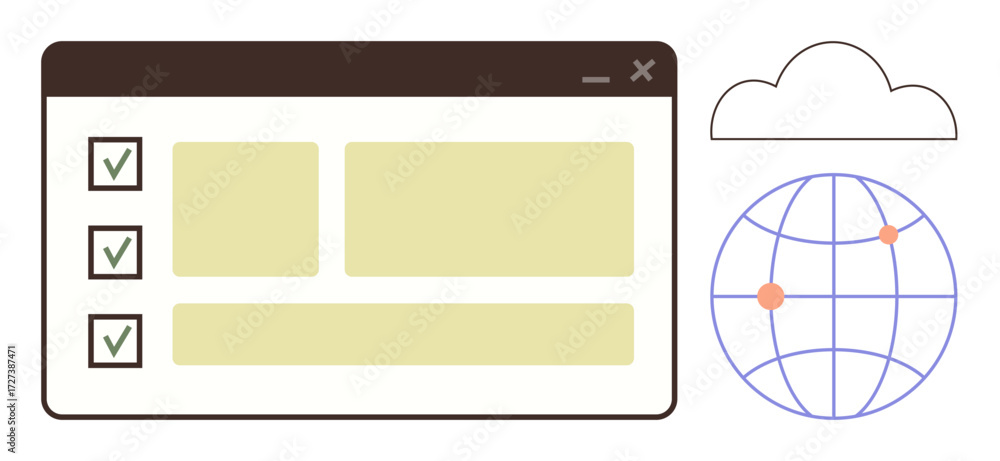 Poster browser window with checklist, checklist items, cloud, globe with marked points. ideal for productiv