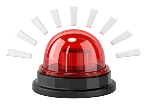 Red flashing emergency beacon light with white light beams on black alarm alert