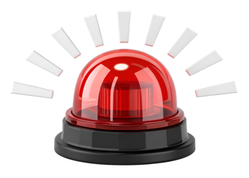 Red flashing emergency beacon light with white light beams on black alarm alert