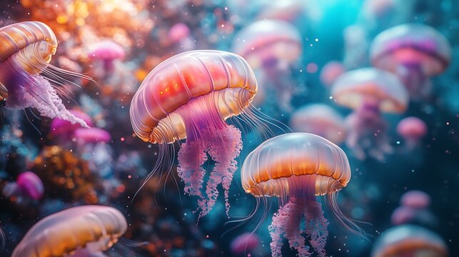 Vibrant jellyfish swarm underwater scene isolated on white background