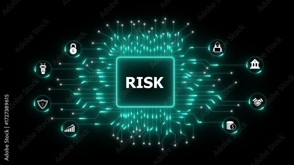Poster digital risk management network with icons for security finance ai and cyber threats. risk digital n