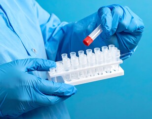 Scientist in gloves handling a test tube rack