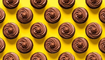 Chocolate cupcakes arranged on yellow
