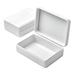 Two minimalist white rectangular containers one open one closed image