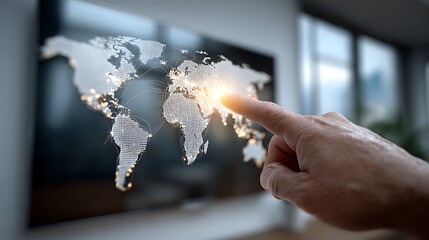 Hand Pointing At Illuminated World Map On Television Screen In Modern Workspace