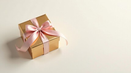 Fototapeta premium A Gold Gift Box with a Delicate Pink Ribbon Bow on a Light Background