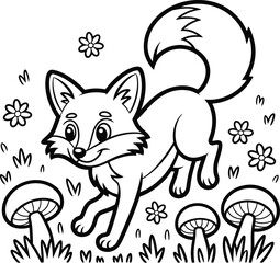 Cartoon Fox in Nature – Black & White Vector with Mushrooms, Flowers & Grass for Kids & Coloring Pages