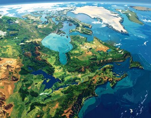 High-angle view of a diverse landscape with water and land