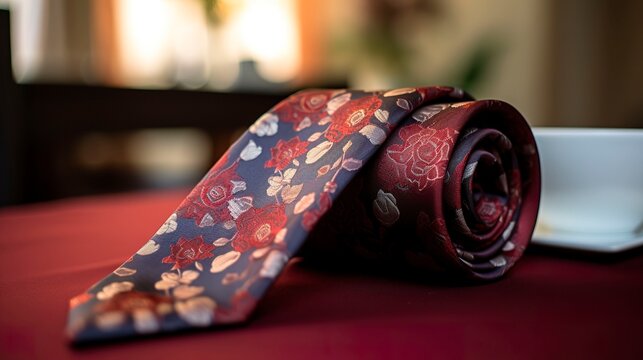A photo of a silk tie laid out on a table