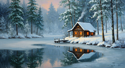 Fototapeta premium Cozy Cabin in Winter Wonderland: A picturesque log cabin, enveloped in a blanket of snow, sits serenely on the edge of a frozen lake, its warm.
