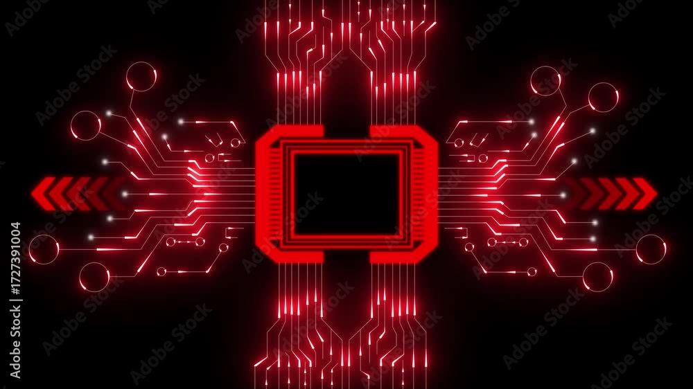 Poster futuristic red circuit board with glowing lines and data flow on black background. technology circui
