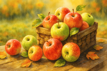 Autumn-themed commercial illustration of "apples in a wooden crate" for seasonal decor