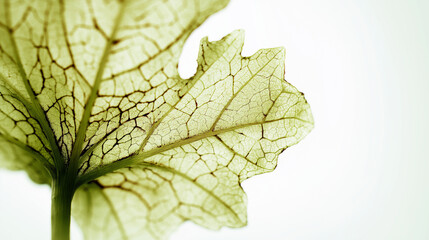 Obraz premium weakness. A macro photograph of a young leaf with intricate, damaged vein patterns, symbolizing hidden vulnerability. gardening catalogs.