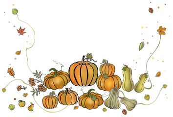 Naklejka premium autumn pumpkin, fruits ,berries harvest background template with frame from fall leaves . Greeting, presentation, invitation concept. Free copy space.