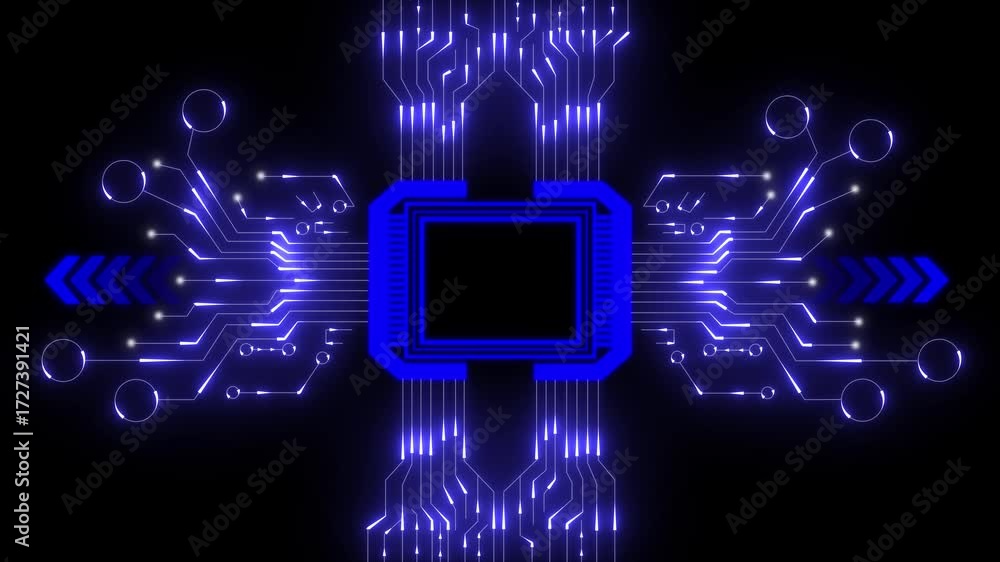 Poster futuristic circuit board with glowing blue lines and central processor technology. technology circui