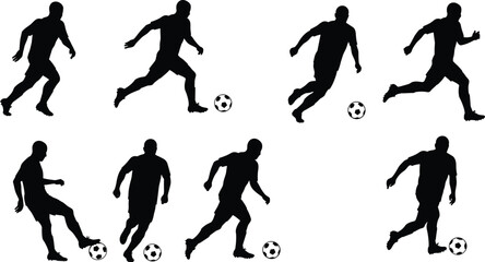 Soccer player silhouettes with ball in dynamic action poses, dribbling, running, kicking, football training, sports competition, athletic movement vector illustration