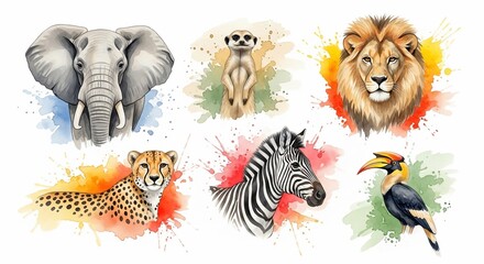 Naklejka premium Watercolor African Safari Animals Collection Majestic Lion, Playful Meerkat, Elegant Elephant, Cheetah, Zebra, and Toucan in Vibrant Splashes of Paint Art