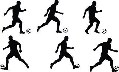 Soccer player silhouettes with ball in dynamic action poses, dribbling, running, kicking, football training, sports competition, athletic movement vector illustration