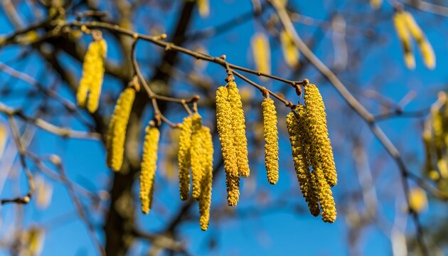 Close-up of yellow catkins on a tree branch