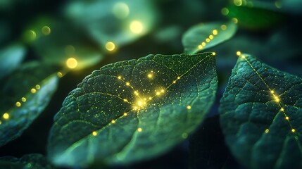 Close up of green leaves with glowing yellow dots isolated on white background