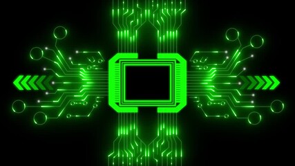 Glowing green circuit board with central processor and data flow technology. Technology circuit board with green glowing chip and digital data flow. Futuristic AI system concept. - Powered by Adobe