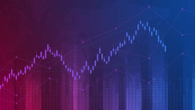 Financial chart with moving up graph in stock market on neon color background