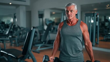 Muscular senior man exercising bicep curl with dumbbells - Powered by Adobe